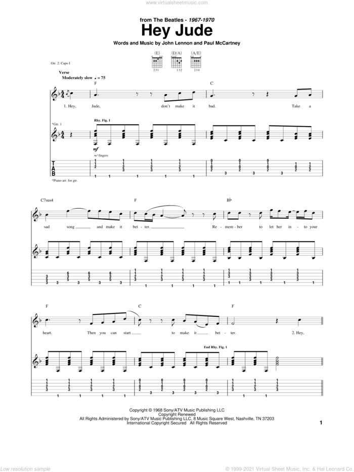 Hey Jude sheet music for guitar (tablature) by The Beatles, John Lennon and Paul McCartney, intermediate skill level