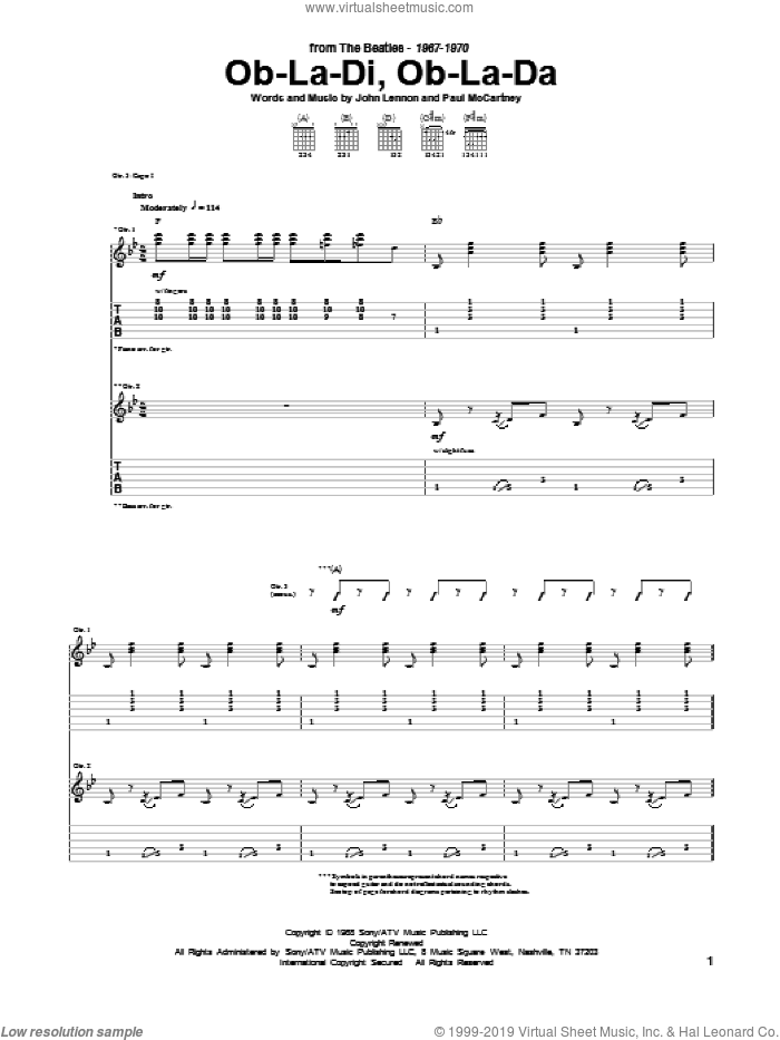 Ob-La-Di, Ob-La-Da sheet music for guitar (tablature) by The Beatles, John Lennon and Paul McCartney, intermediate skill level