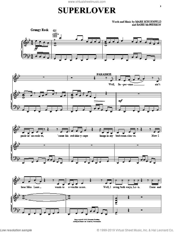 Superlover sheet music for voice, piano or guitar by Brooklyn The Musical, Barri McPherson and Mark Schoenfeld, intermediate skill level
