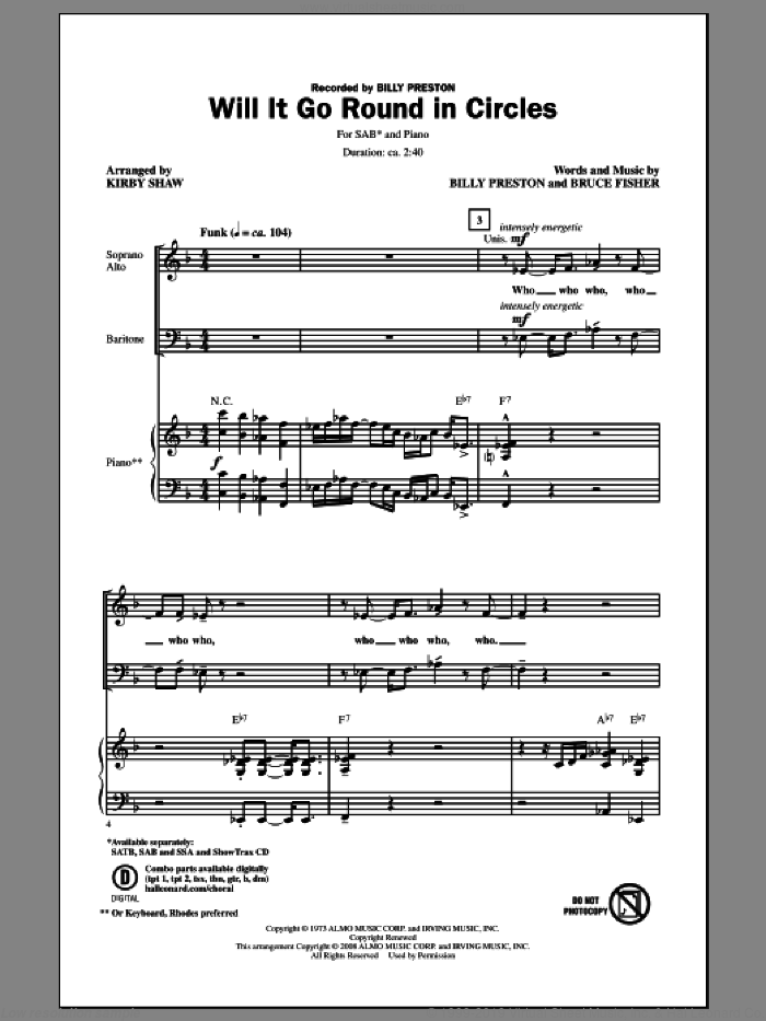Will It Go Round In Circles sheet music for choir (SAB: soprano, alto, bass) by Kirby Shaw, Billy Preston and Bruce Fisher, intermediate skill level
