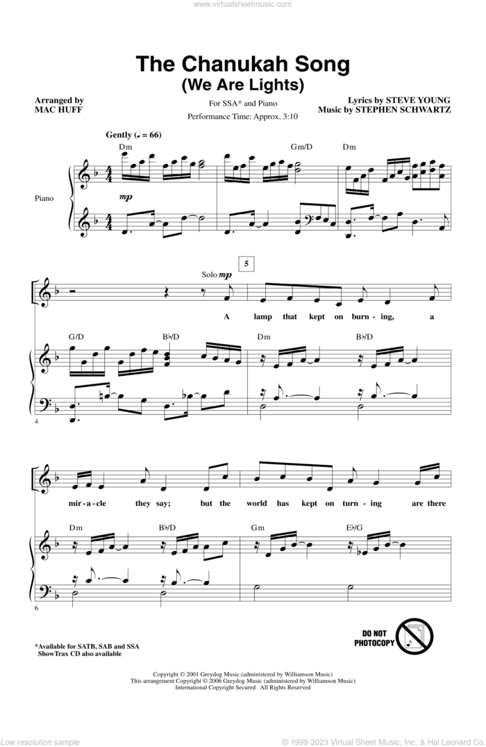 The Chanukah Song (We Are Lights) sheet music for choir (SSA: soprano, alto) by Mac Huff and Stephen Schwartz, intermediate skill level