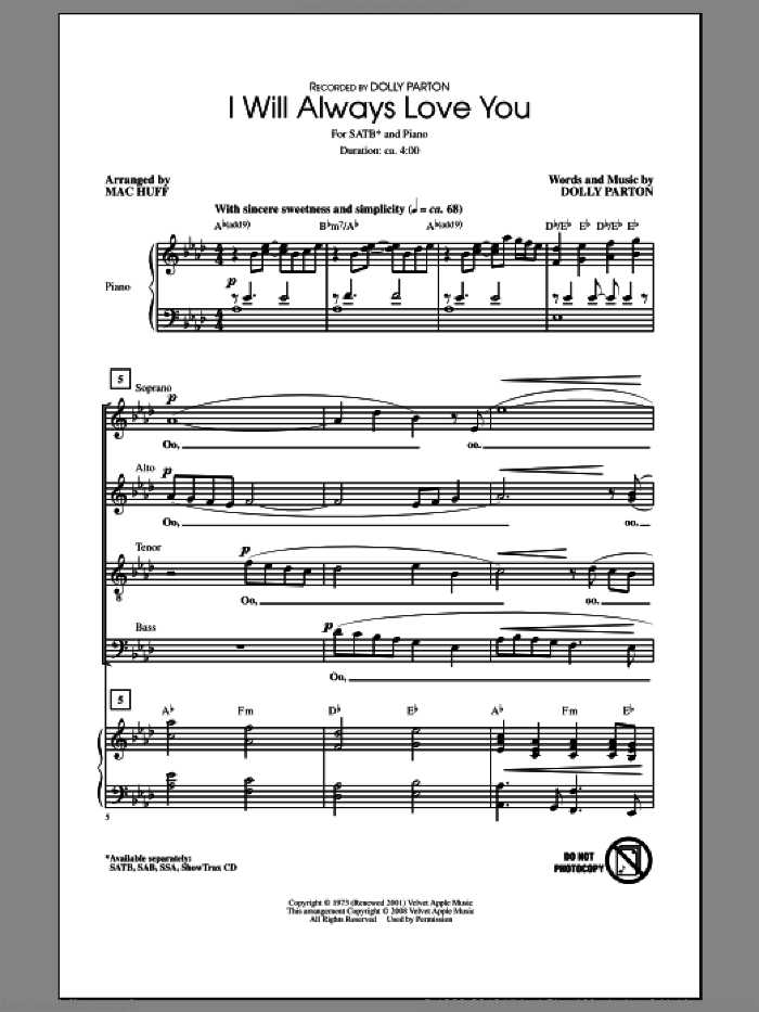 I Will Always Love You (arr. Mac Huff) sheet music for choir (SATB: soprano, alto, tenor, bass) by Mac Huff, Dolly Parton and Whitney Houston, wedding score, intermediate skill level
