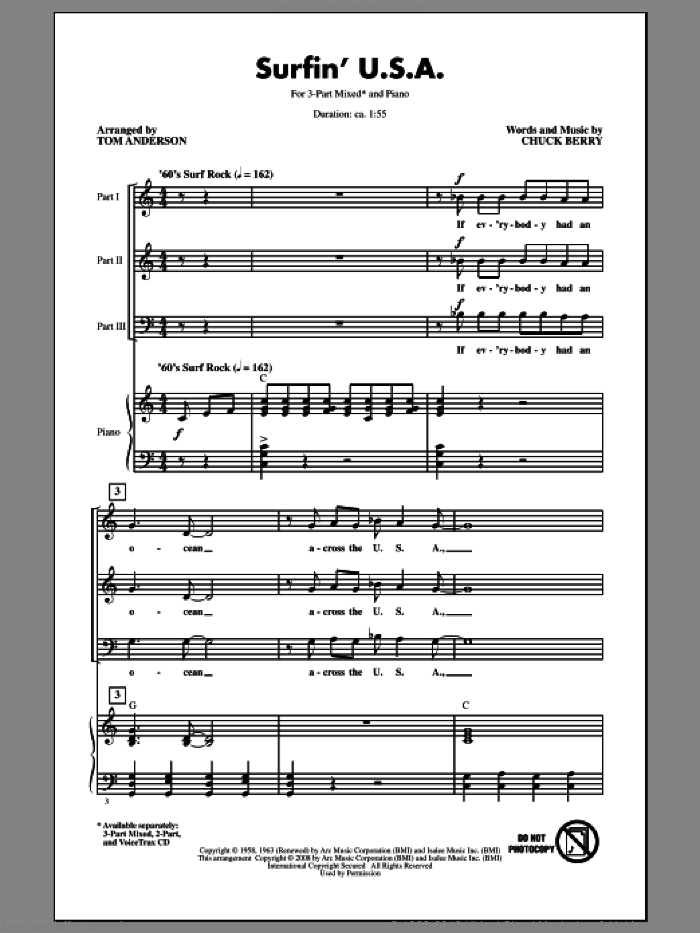 Surfin' U.S.A. (arr. Tom Anderson) sheet music for choir (3-Part Mixed) by The Beach Boys, Chuck Berry and Tom Anderson, intermediate skill level