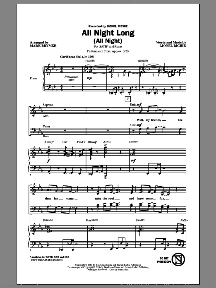 All Night Long (All Night) (arr. Mark Brymer) sheet music for choir (SATB: soprano, alto, tenor, bass) by Mark Brymer and Lionel Richie, intermediate skill level