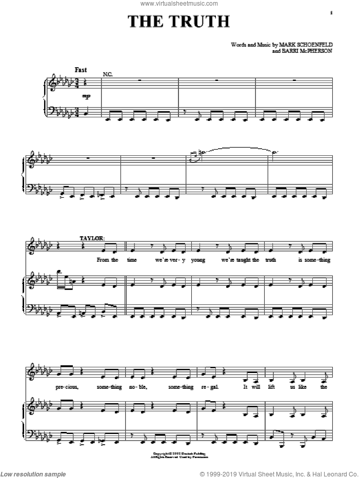 The Truth sheet music for voice, piano or guitar by Brooklyn The Musical, Barri McPherson and Mark Schoenfeld, intermediate skill level