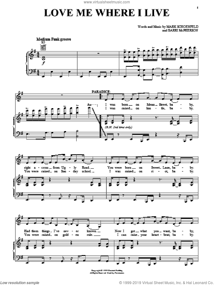 Love Me Where I Live sheet music for voice, piano or guitar by Brooklyn The Musical, Barri McPherson and Mark Schoenfeld, intermediate skill level