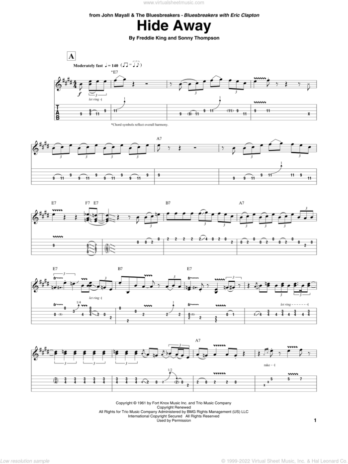 Hide Away sheet music for guitar (tablature) by John Mayall & The Bluesbreakers, Freddie King and Sonny Thompson, intermediate skill level