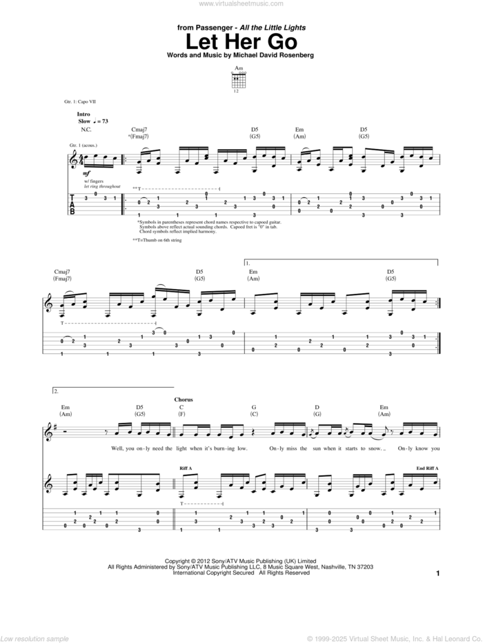 Let Her Go sheet music for guitar (tablature) by Passenger and Michael David Rosenberg, intermediate skill level