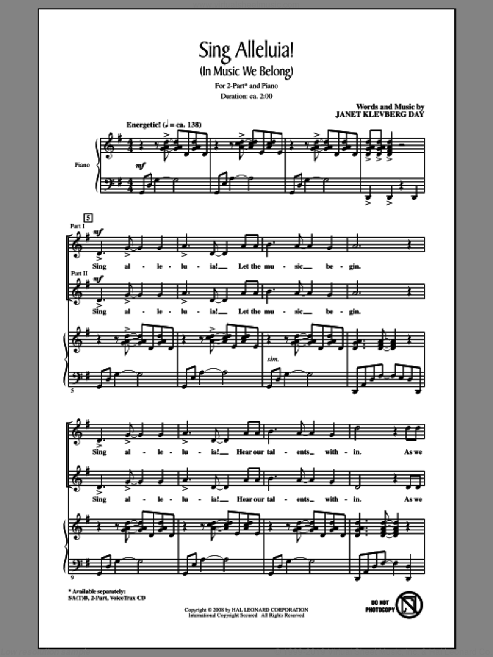 Sing Alleluia! (In Music We Belong) sheet music for choir (2-Part) by Janet Day and Janet Klevberg Day, intermediate duet