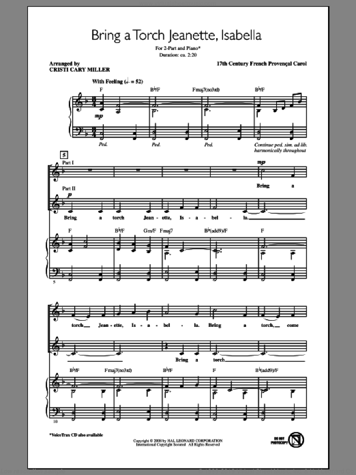 Bring A Torch, Jeannette, Isabella sheet music for choir (2-Part) by Cristi Cary Miller and Miscellaneous, intermediate duet