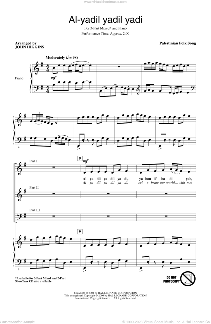 Al-Yadil Yadil Yadi sheet music for choir (3-Part Mixed) by John Higgins and Palestinian Folk Song, intermediate skill level