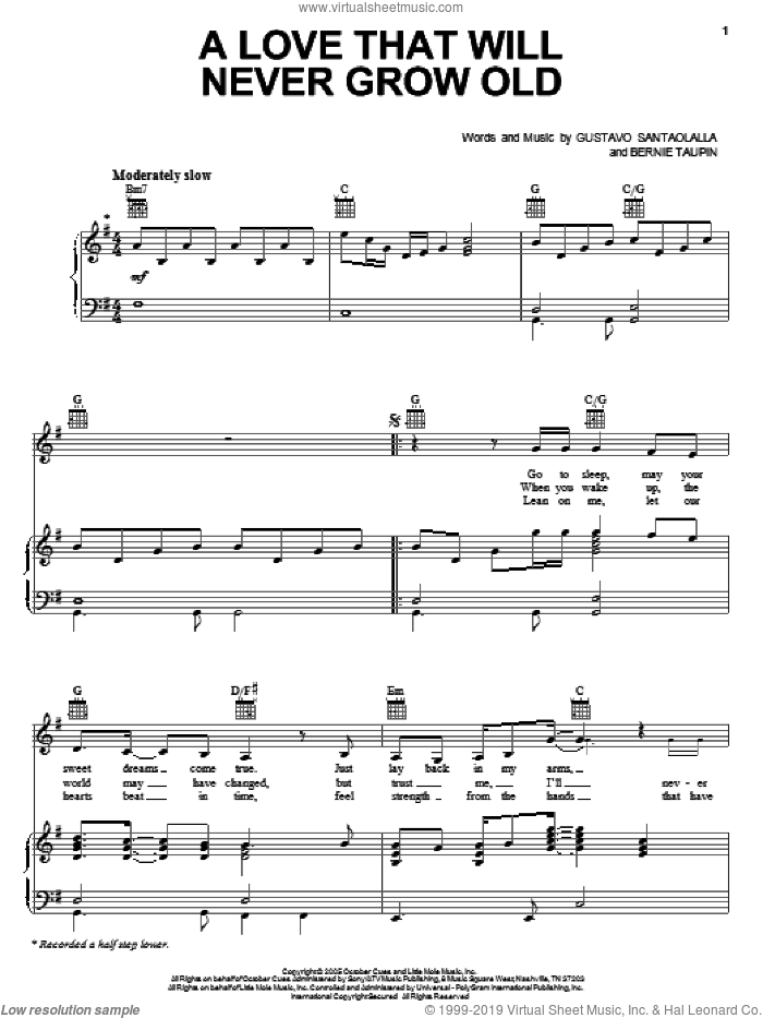 A Love That Will Never Grow Old sheet music for voice, piano or guitar by Emmylou Harris, Brokeback Mountain (Movie), Bernie Taupin and Gustavo Santaolalla, intermediate skill level