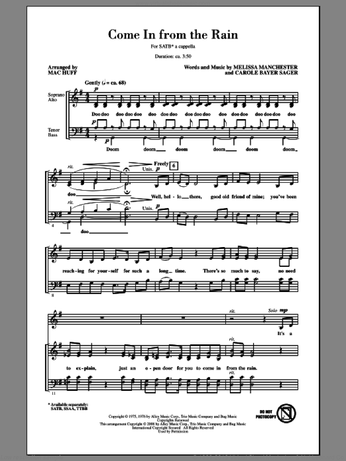 Come In From The Rain sheet music for choir (SATB: soprano, alto, tenor, bass) by Mac Huff and The Captain & Tennille, intermediate skill level