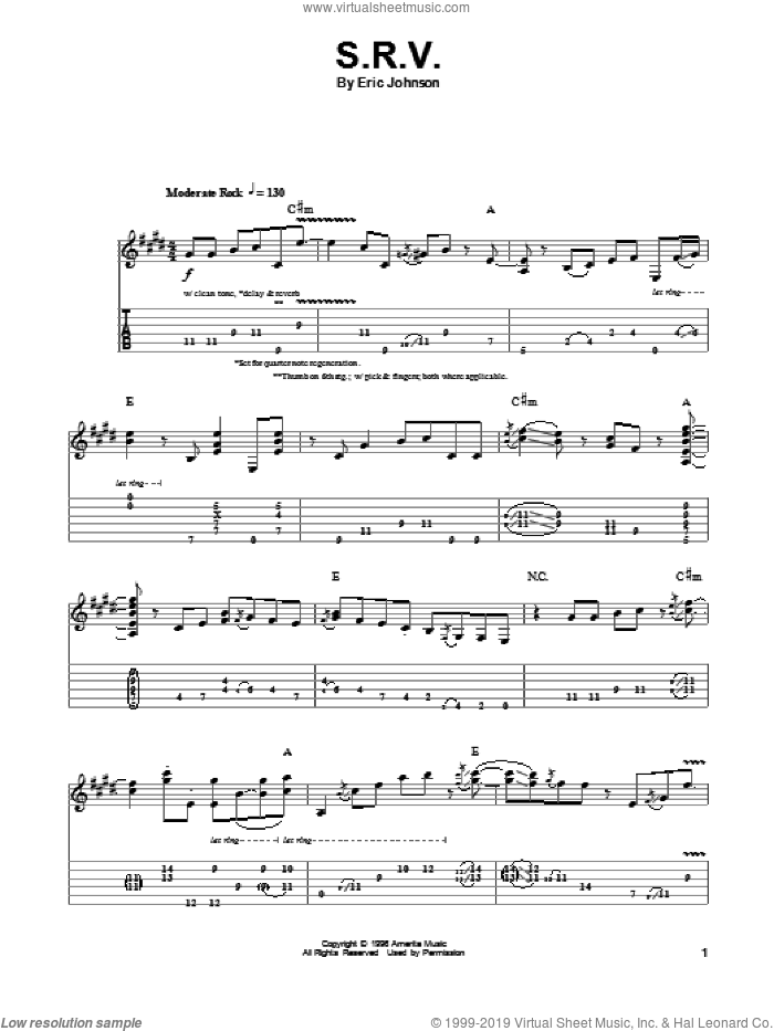 S.R.V. sheet music for guitar (tablature, play-along) by Eric Johnson, intermediate skill level