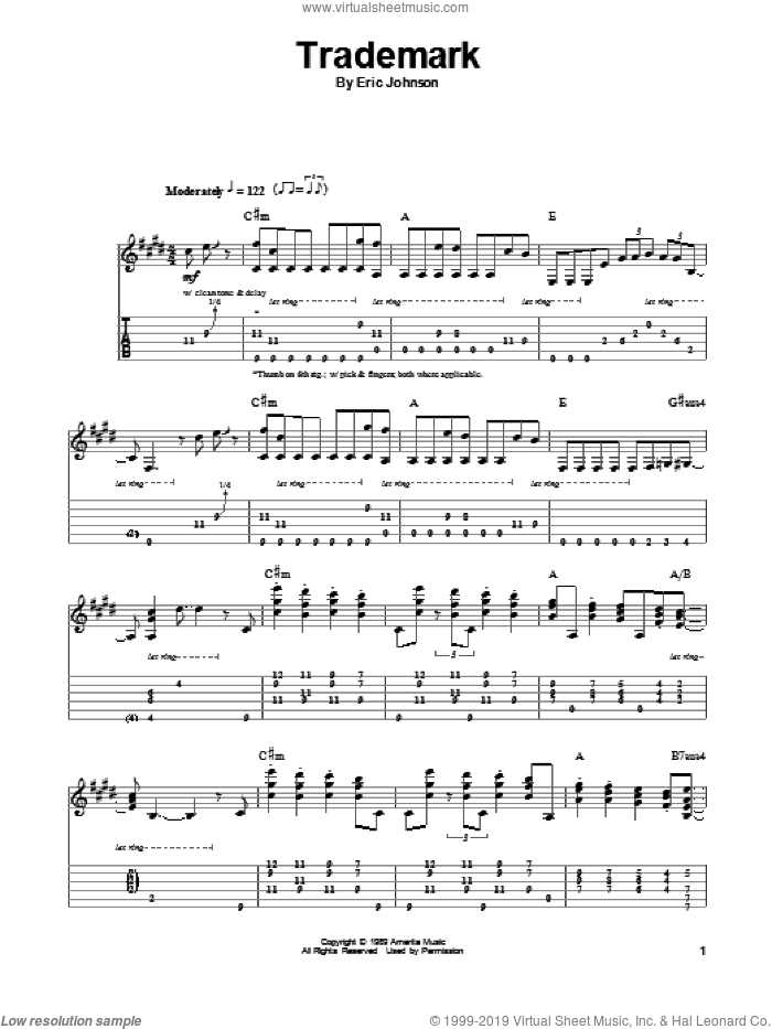 Trademark sheet music for guitar (tablature, play-along) by Eric Johnson, intermediate skill level