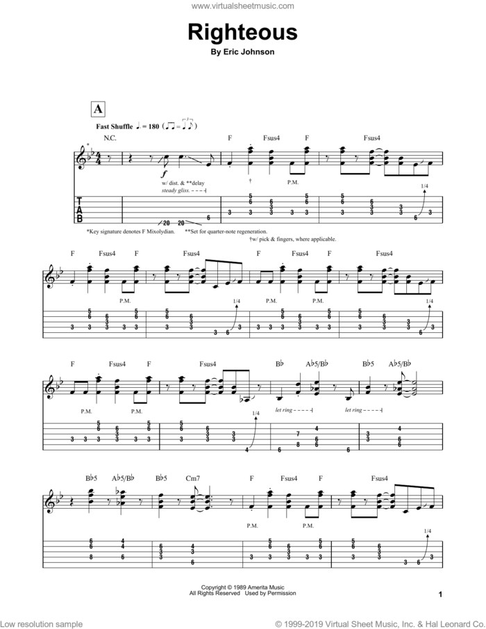 Righteous sheet music for guitar (tablature, play-along) by Eric Johnson, intermediate skill level