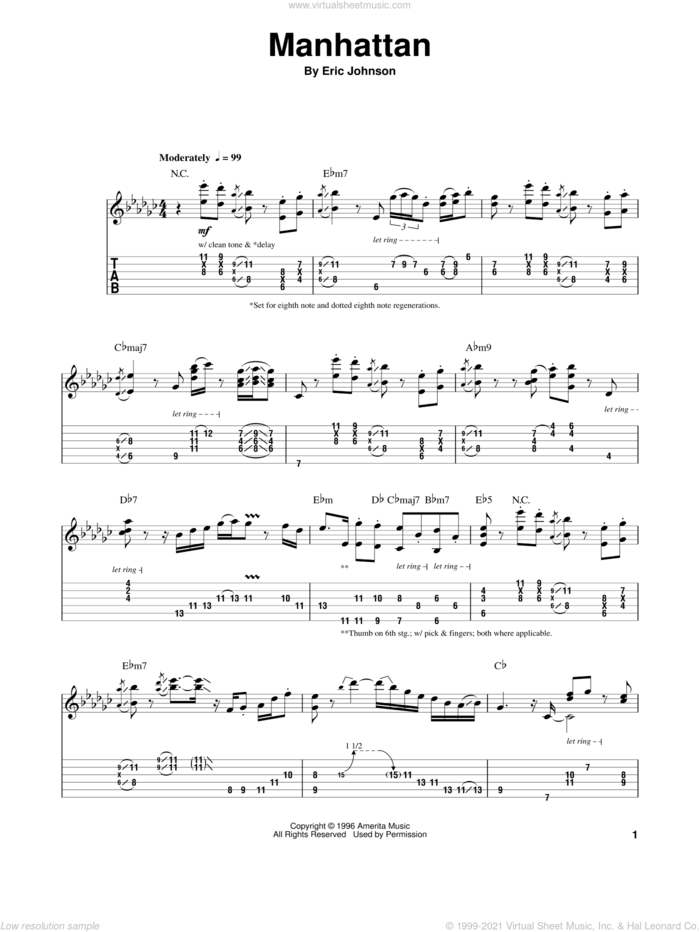 Manhattan sheet music for guitar (tablature, play-along) by Eric Johnson, intermediate skill level