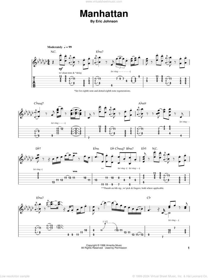 Manhattan sheet music for guitar (tablature, play-along) by Eric Johnson, intermediate skill level