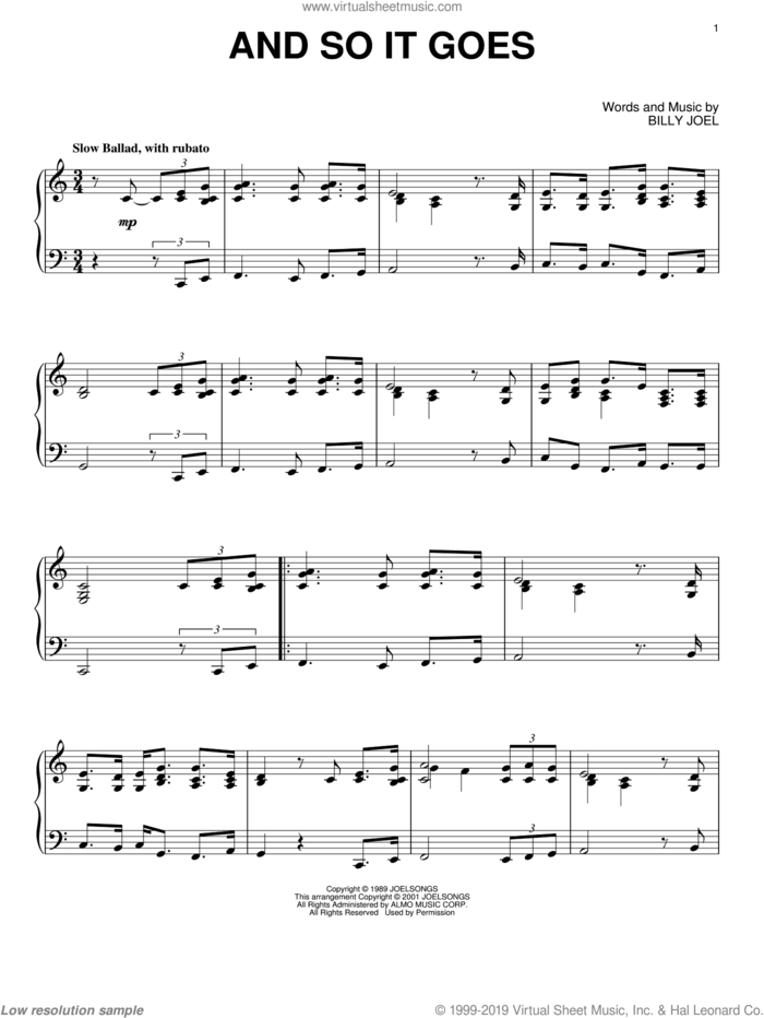 And So It Goes, (intermediate) sheet music for piano solo by Billy Joel, intermediate skill level