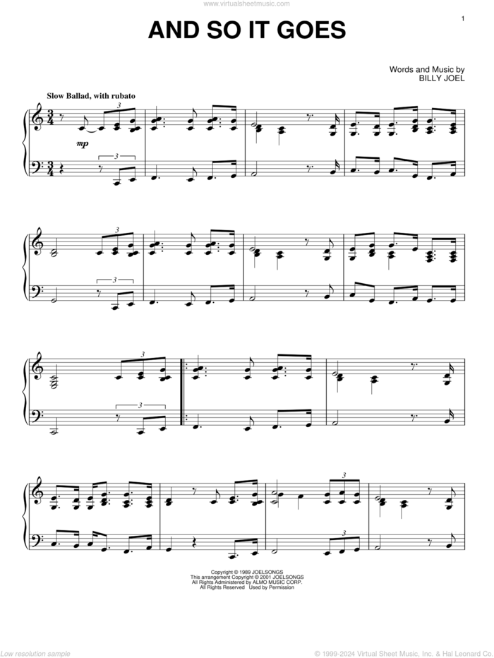 And So It Goes, (intermediate) sheet music for piano solo by Billy Joel, intermediate skill level