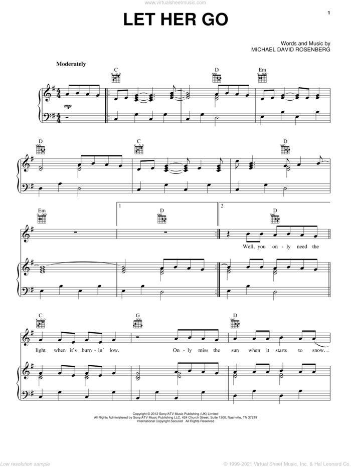 Let Her Go sheet music for voice, piano or guitar by Passenger, intermediate skill level