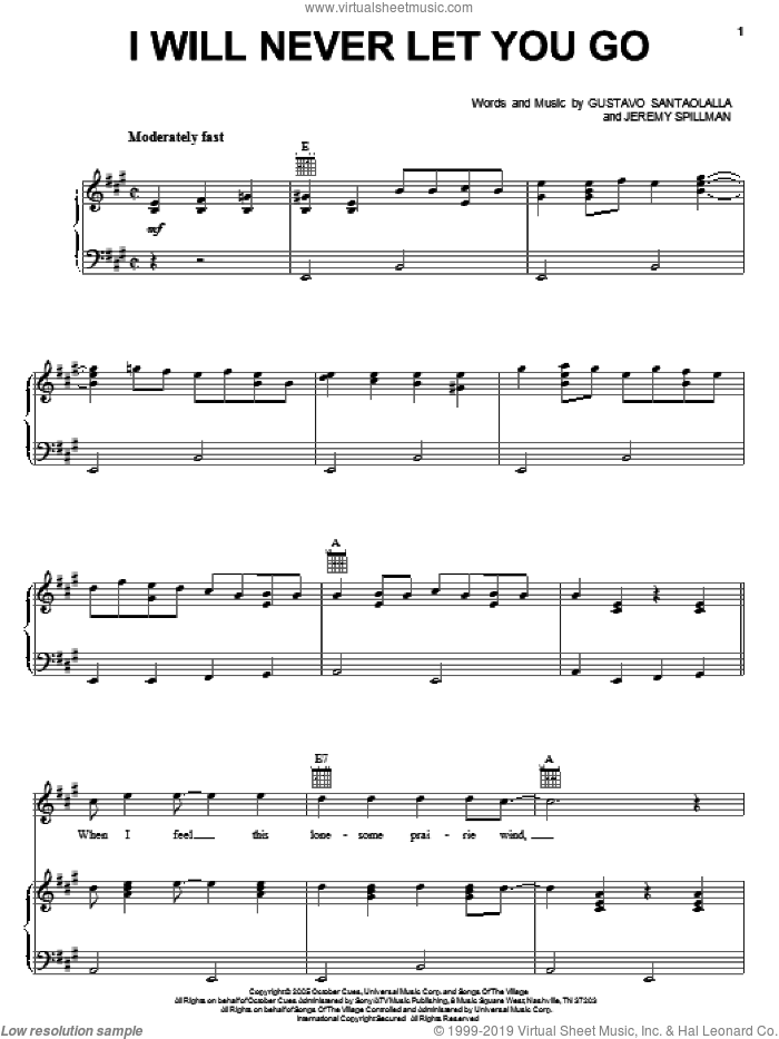 I Will Never Let You Go sheet music for voice, piano or guitar by Jackie Greene, Brokeback Mountain (Movie), Gustavo Santaolalla and Jeremy Spillman, intermediate skill level