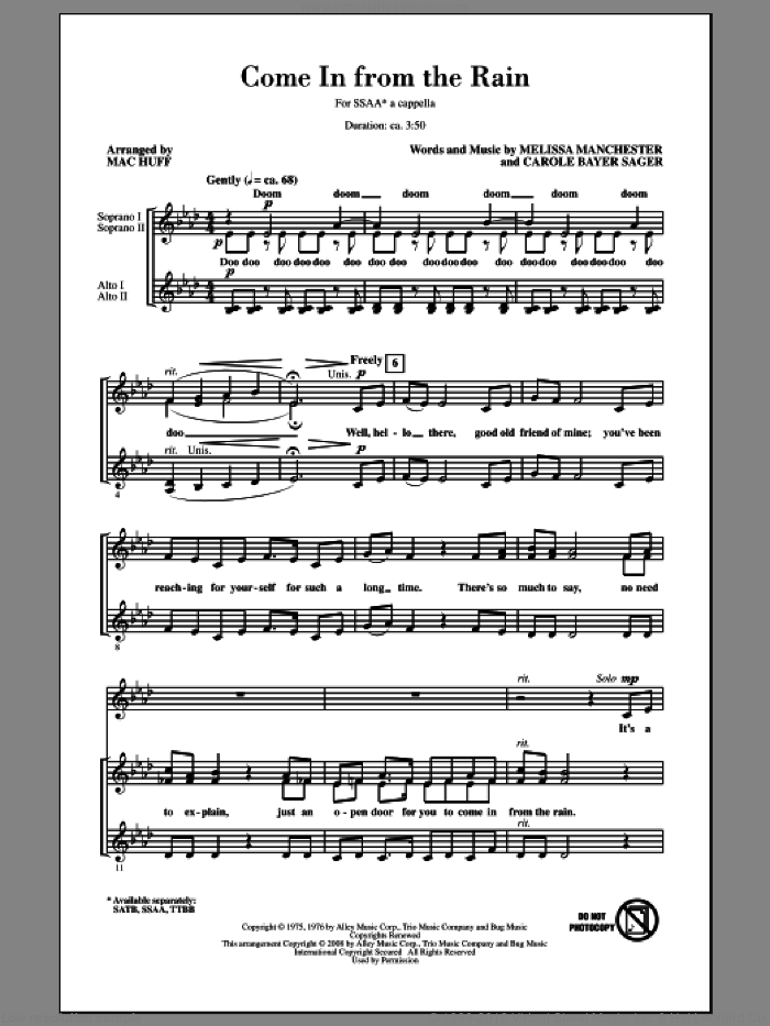 Come In From The Rain sheet music for choir (SSA: soprano, alto) by Mac Huff and The Captain & Tennille, intermediate skill level