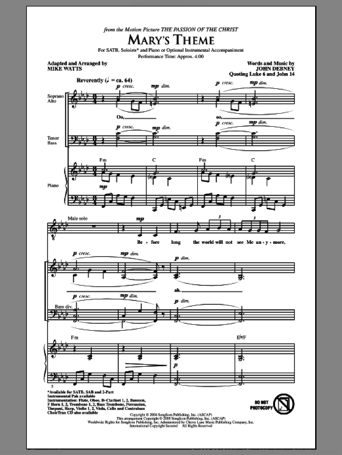 Mary's Theme sheet music for choir (SATB: soprano, alto, tenor, bass) by Mike Watts and John Debney, intermediate skill level