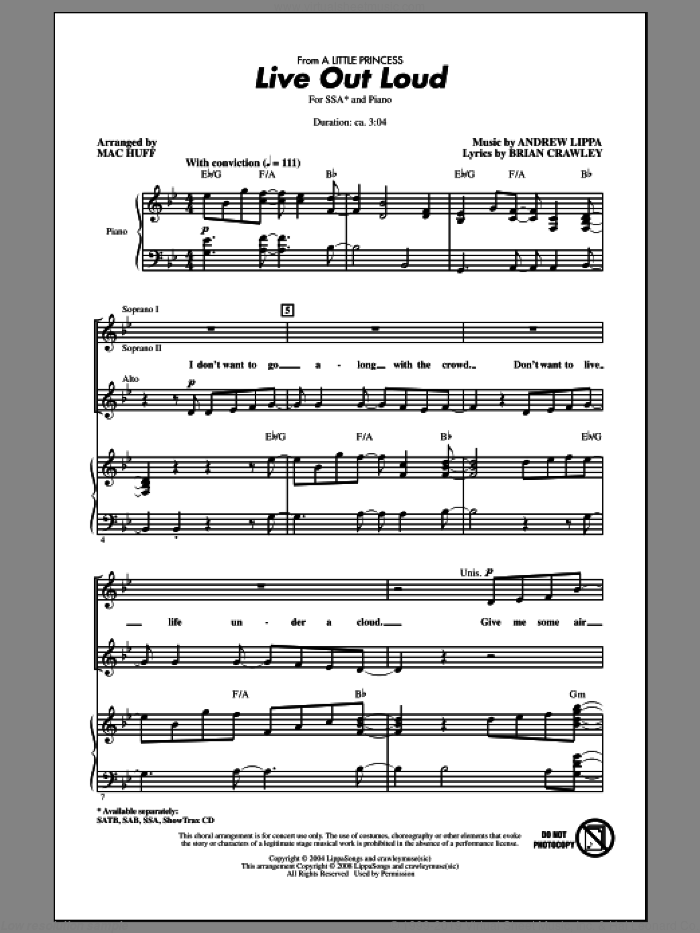 Live Out Loud sheet music for choir (SSA: soprano, alto) by Andrew Lippa, Brian Crawley and Mac Huff, intermediate skill level