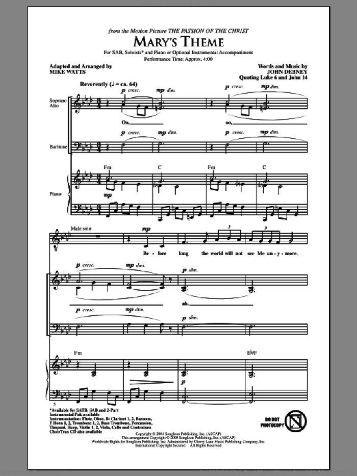 Mary's Theme sheet music for choir (SAB: soprano, alto, bass) by Mike Watts and John Debney, intermediate skill level