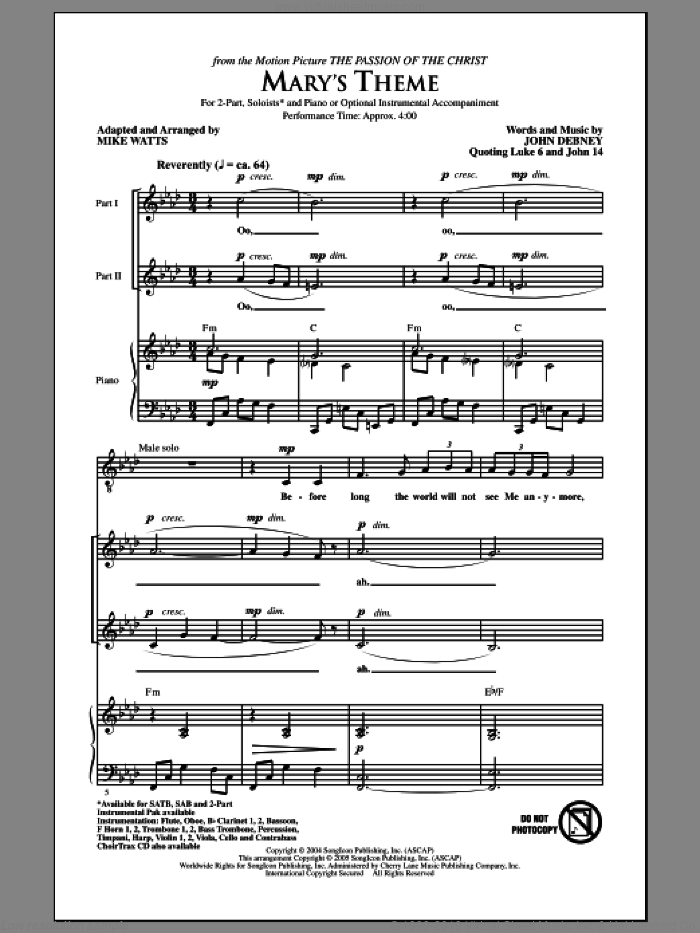 Mary's Theme sheet music for choir (2-Part) by Mike Watts and John Debney, intermediate duet