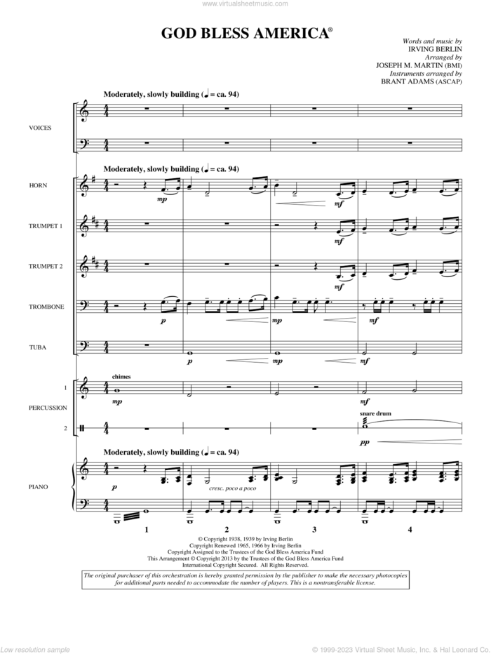 God Bless America sheet music for orchestra/band (score) by Irving Berlin and Joseph M. Martin, intermediate skill level