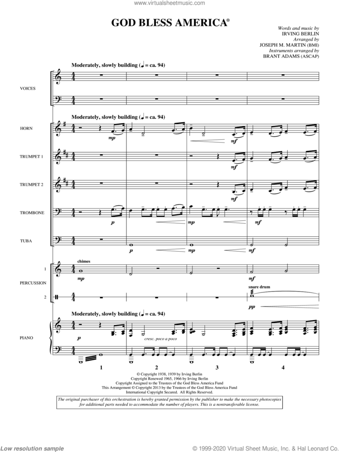God Bless America (COMPLETE) sheet music for orchestra by Irving Berlin and Joseph M. Martin, intermediate skill level