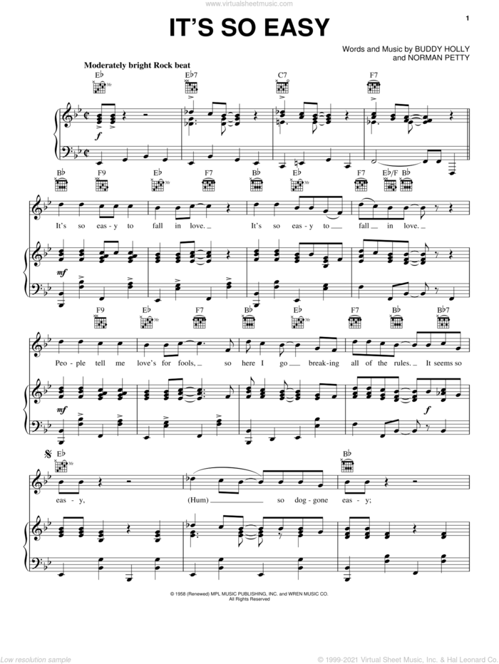 It's So Easy sheet music for voice, piano or guitar by Linda Ronstadt, Brokeback Mountain (Movie), The Crickets, Buddy Holly and Norman Petty, intermediate skill level