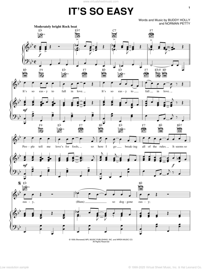 It's So Easy sheet music for voice, piano or guitar by Linda Ronstadt, Brokeback Mountain (Movie), The Crickets, Buddy Holly and Norman Petty, intermediate skill level