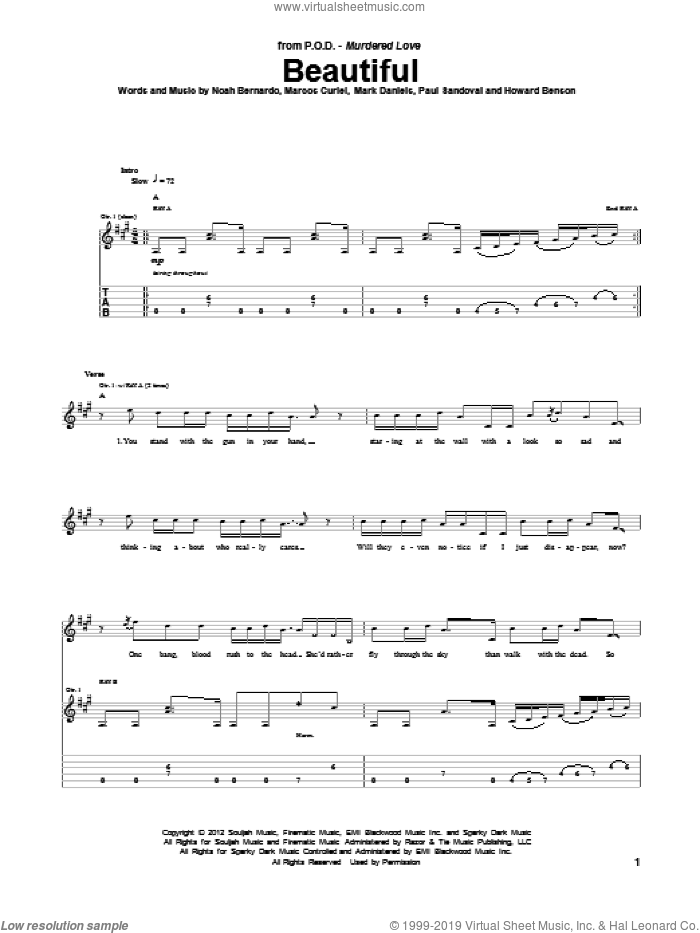 Beautiful sheet music for guitar (tablature) by P.O.D., intermediate skill level