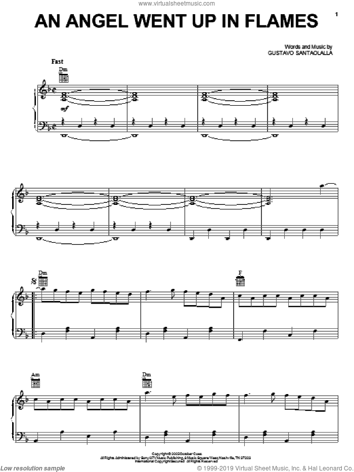 An Angel Went Up In Flames sheet music for piano solo by The Gas Band, Brokeback Mountain (Movie) and Gustavo Santaolalla, intermediate skill level