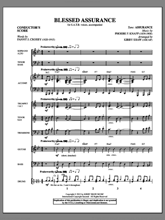 Blessed Assurance (COMPLETE) sheet music for orchestra/band by Fanny J. Crosby and Kirby Shaw, intermediate skill level