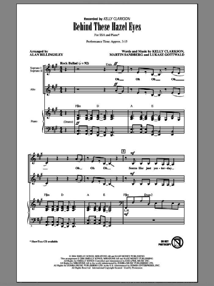 Behind These Hazel Eyes sheet music for choir (SSA: soprano, alto) by Alan Billingsley and Kelly Clarkson, intermediate skill level