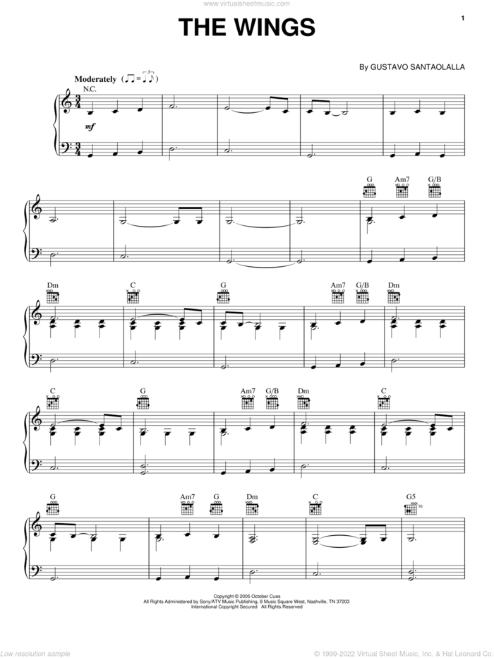 The Wings, (intermediate) sheet music for piano solo by Gustavo Santaolalla and Brokeback Mountain (Movie), intermediate skill level