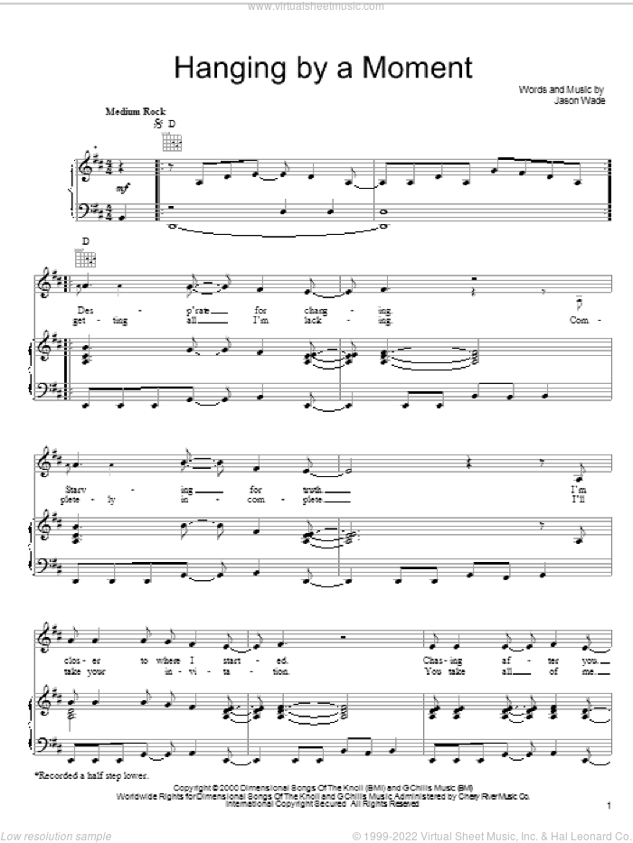 Hanging By A Moment sheet music for voice, piano or guitar by Lifehouse and Jason Wade, intermediate skill level