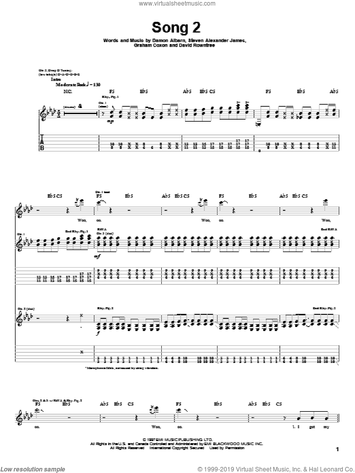 Song 2 sheet music for guitar (tablature) by Blur, Damon Albarn, David Rowntree and Graham Coxon, intermediate skill level