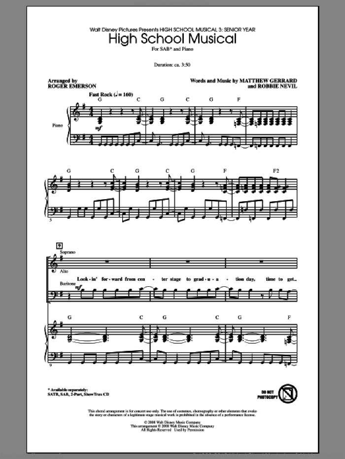 High School Musical sheet music for choir (SAB: soprano, alto, bass) by Roger Emerson, intermediate skill level