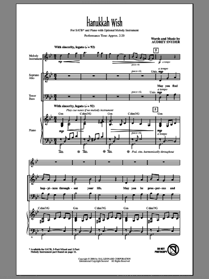 Hanukkah Wish sheet music for choir (SATB: soprano, alto, tenor, bass) by Audrey Snyder, intermediate skill level