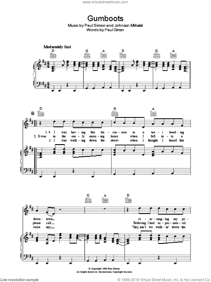 Gumboots sheet music for voice, piano or guitar by Paul Simon, Johnson Mkhalali and Lulu Masilela, intermediate skill level
