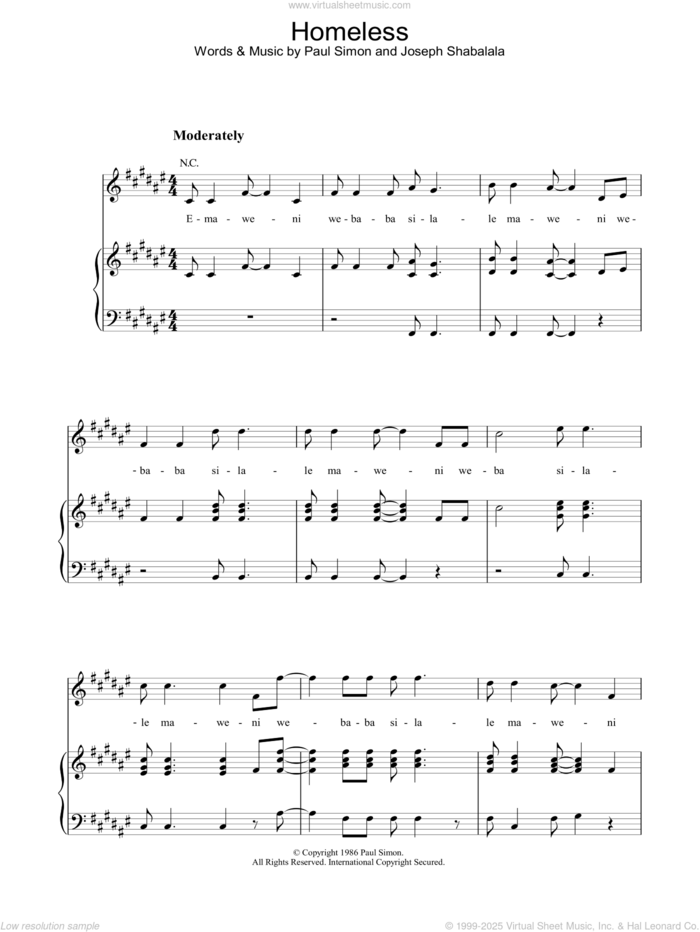 Homeless sheet music for voice, piano or guitar by Paul Simon and Joseph Shabalala, intermediate skill level