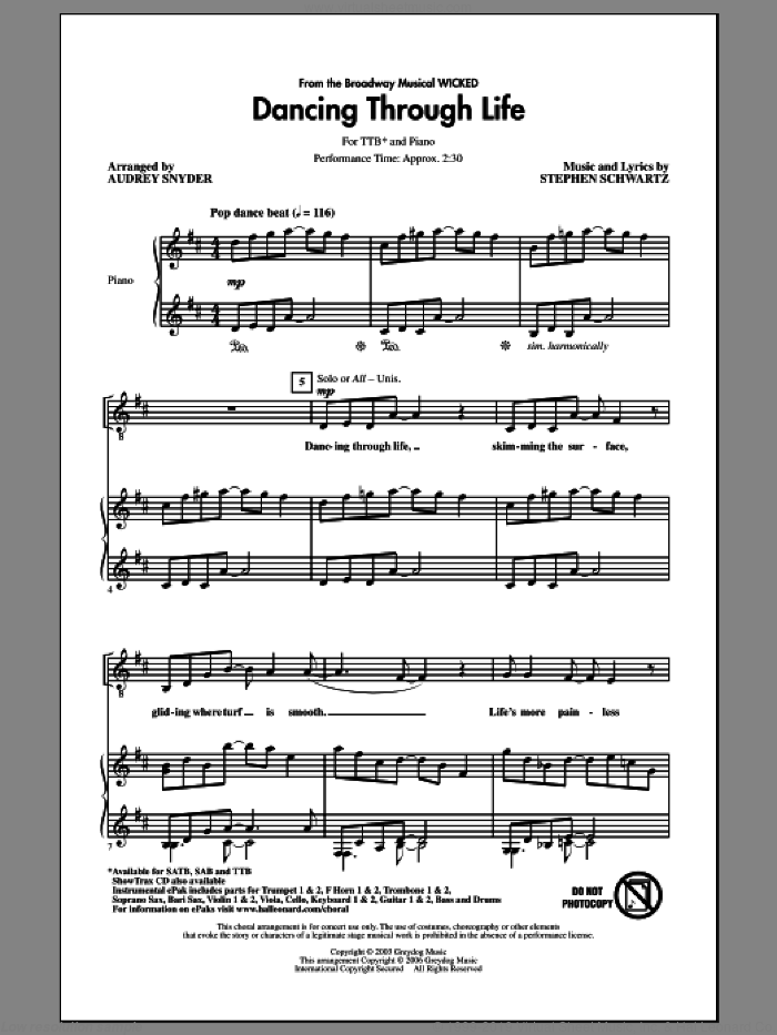 Dancing Through Life (from Wicked) sheet music for choir (TTBB: tenor, bass) by Stephen Schwartz and Audrey Snyder, intermediate skill level