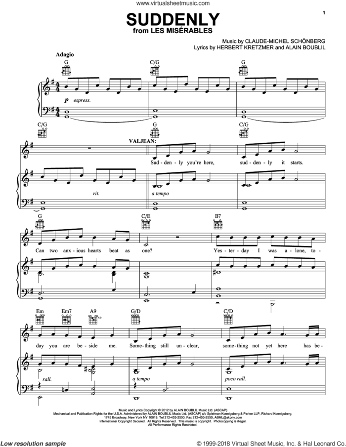 Suddenly (from Les Miserables) sheet music for voice, piano or guitar by Claude-Michel Schonberg, Alain Boublil, Boublil and Schonberg and Herbert Kretzmer, intermediate skill level