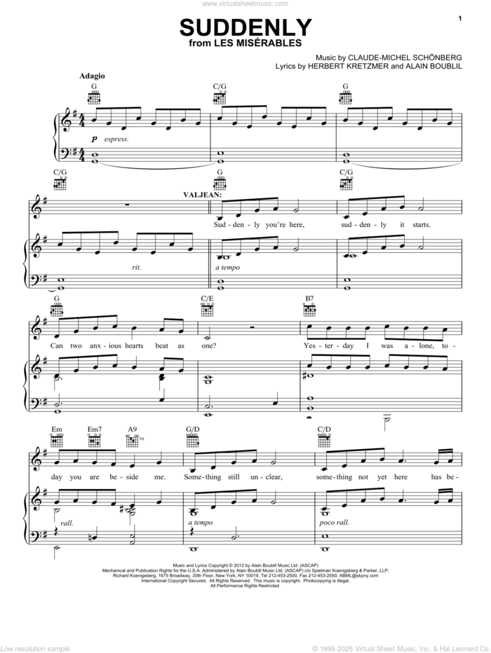 Suddenly (from Les Miserables) sheet music for voice, piano or guitar by Claude-Michel Schonberg, Alain Boublil, Boublil and Schonberg and Herbert Kretzmer, intermediate skill level