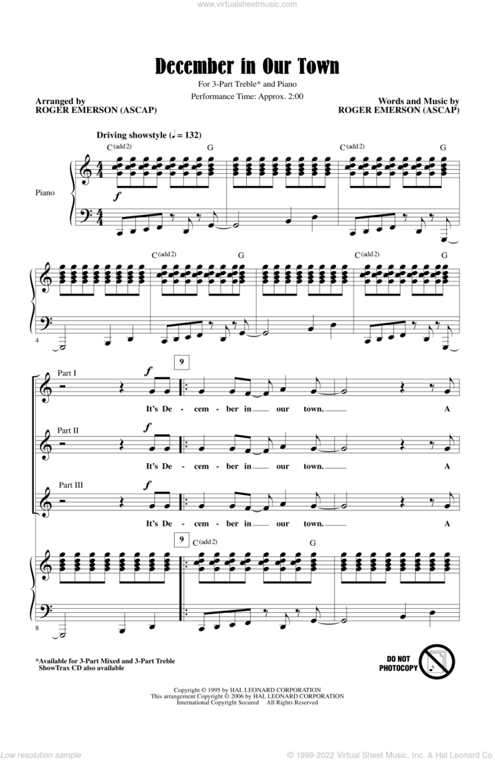 December In Our Town sheet music for choir (3-Part Treble) by Roger Emerson, intermediate skill level